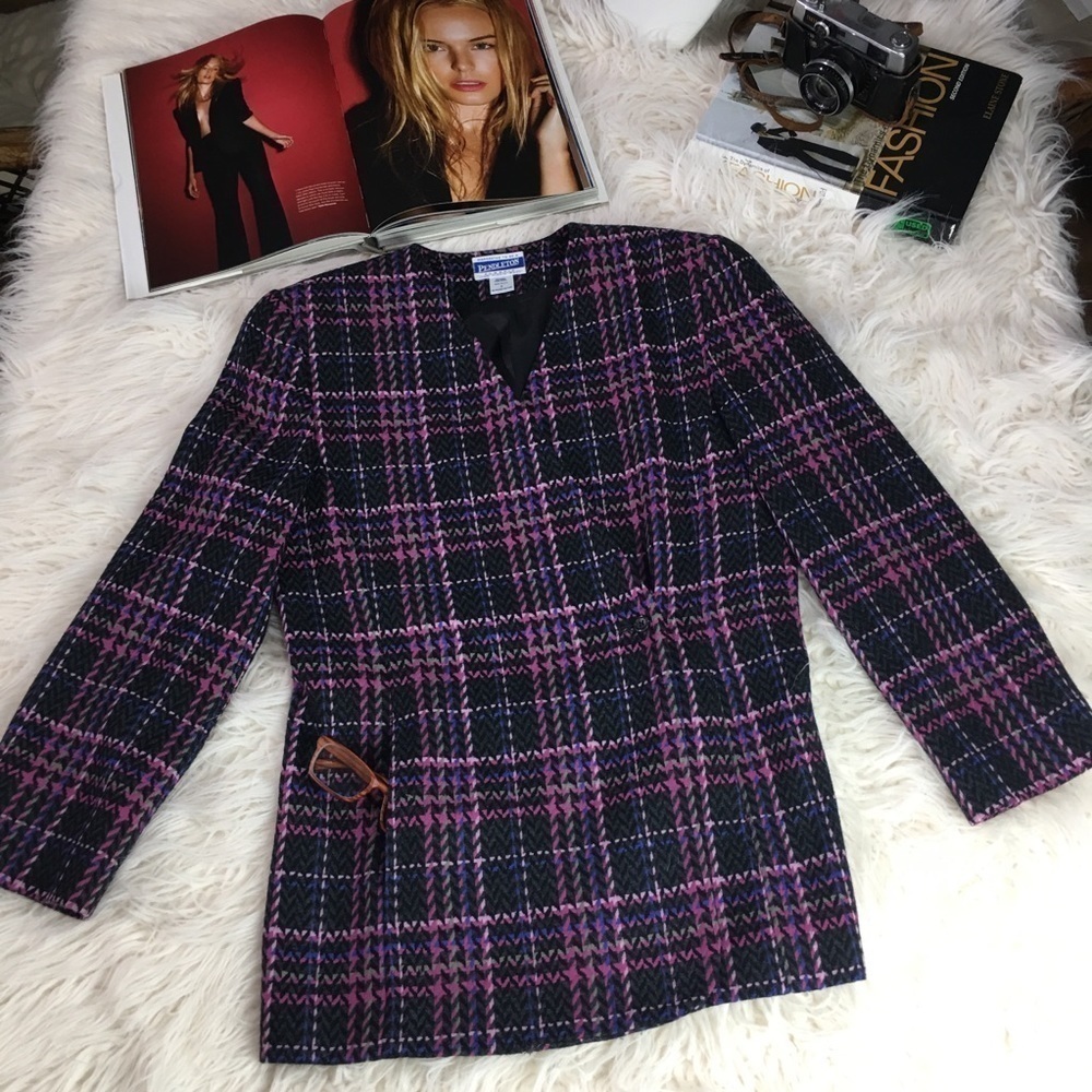 Pendleton Made in USA 100% Virgin Wool Plaid Blazer Jacket Pink Purple Size 8